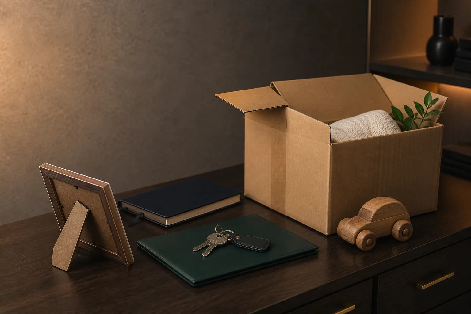 Umzugskarton, Schlüssel, Unterlagen und ein Holzauto als Beispiele für neue Lebenssituationen